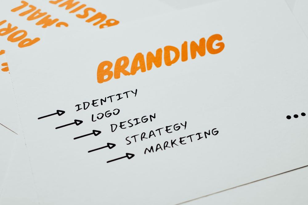 Papier avec concepts de branding, identité et stratégie marketing